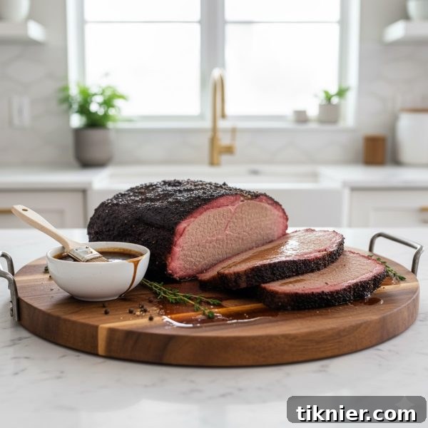 Perfectly sliced espresso-rubbed brisket, showing the smoke ring and juicy interior