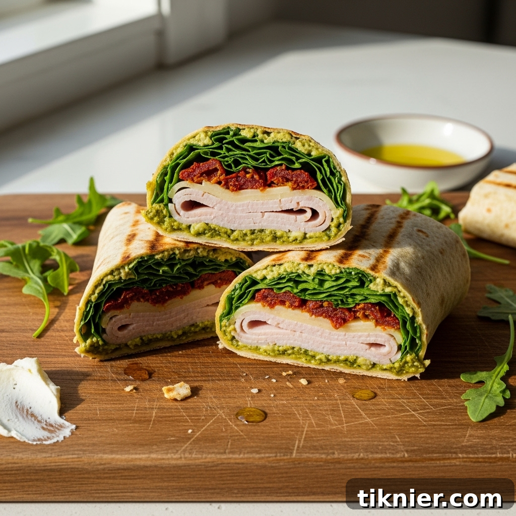 Close-up of a grilled turkey pesto wrap with sun-dried tomatoes and arugula, ready to be served