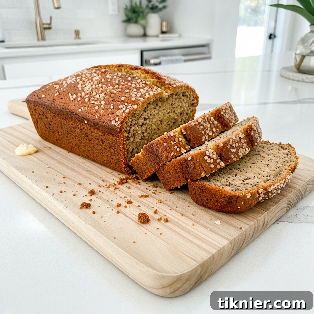 Slice of Brown Butter Miso Banana Bread with a perfect crumb.