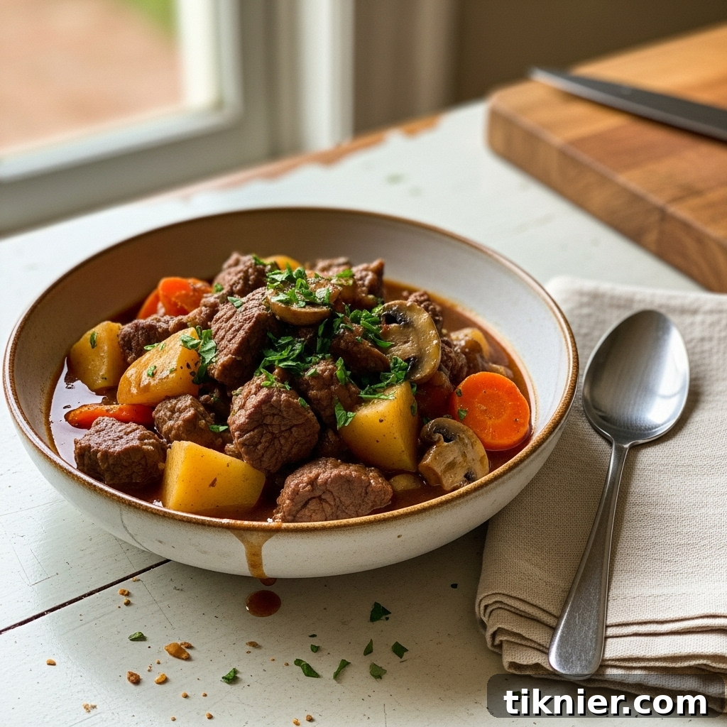 Rich and hearty beef stew in a pot, ready to be served