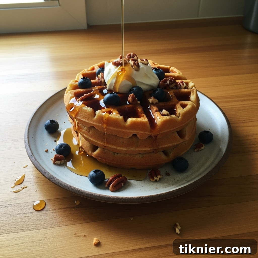 A stack of perfectly golden brown buttermilk brown butter waffles, garnished with fresh berries and a drizzle of maple syrup.
