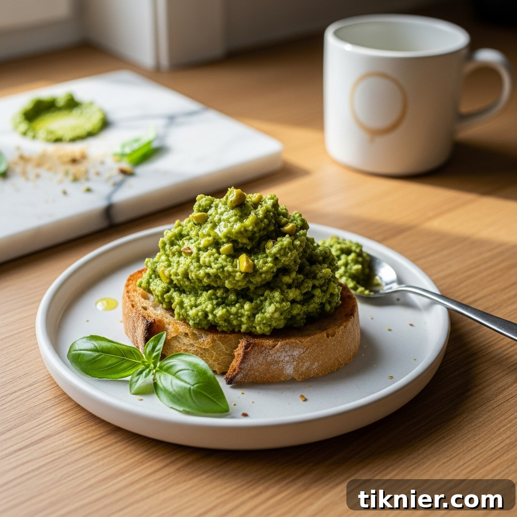 A glass jar of bright green pistachio pesto next to a bowl of pasta.