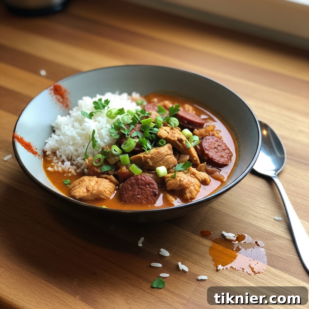 Detailed close-up of Smoked Paprika and Chipotle Gumbo in a cast iron pot, showcasing its rich texture and ingredients.