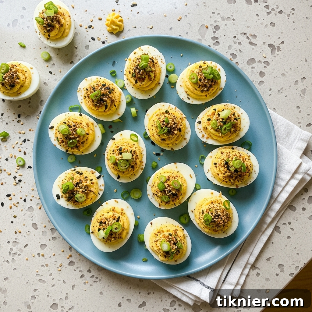 Umami-rich Miso Deviled Eggs, a modern twist on a classic recipe.