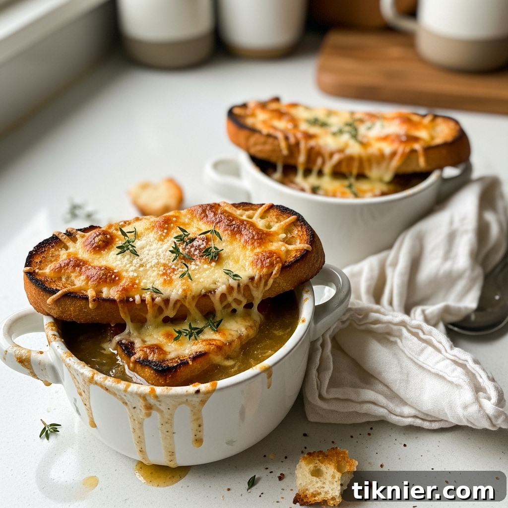 A heartwarming bowl of French Onion Soup, richly topped with melted, golden-brown Gruyère cheese and a toasted baguette slice, presented in a classic lion-head bowl.