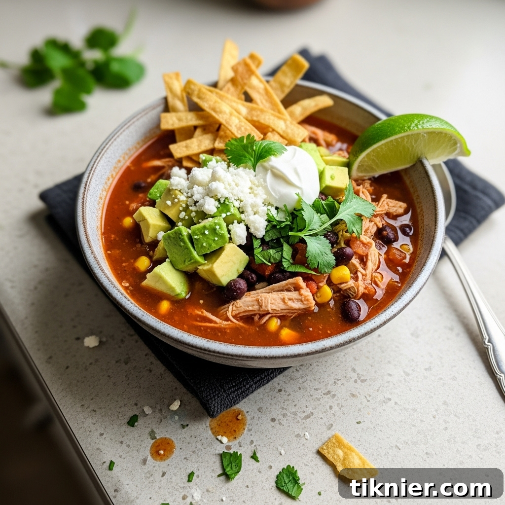 A vibrant close-up of a bowl of creamy chicken tortilla soup with garnishes.