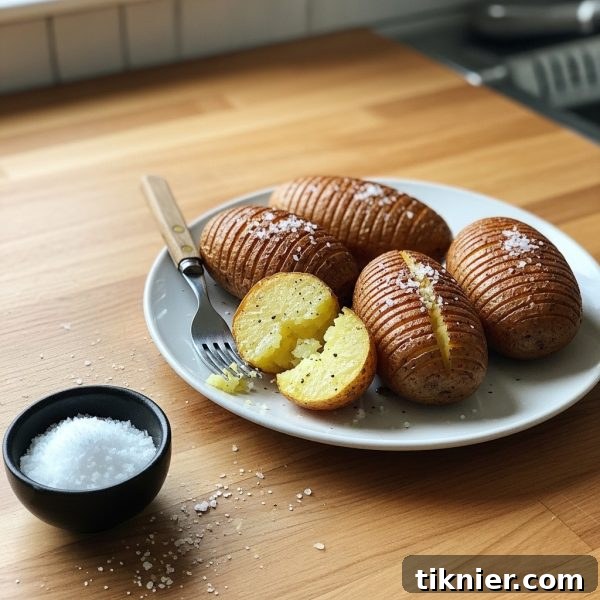 A sliced baked potato with crispy skin, topped with butter and chives, alongside a dish of sour cream.