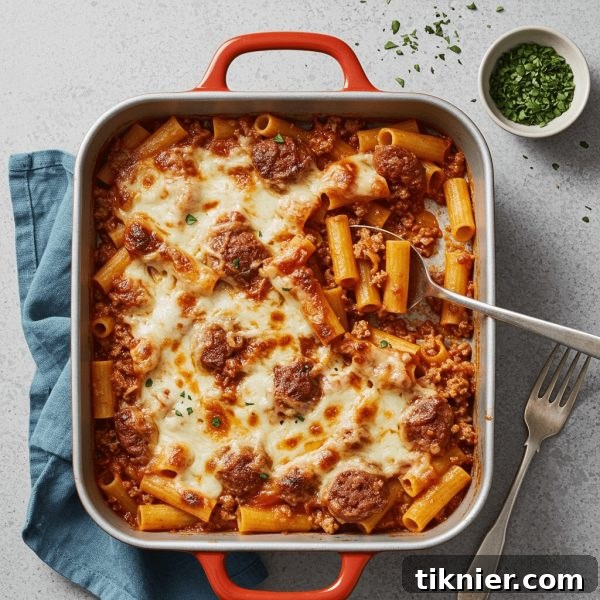 Delicious Baked Ziti with Smoked Gouda and Caramelized Onions, bubbling hot from the oven.
