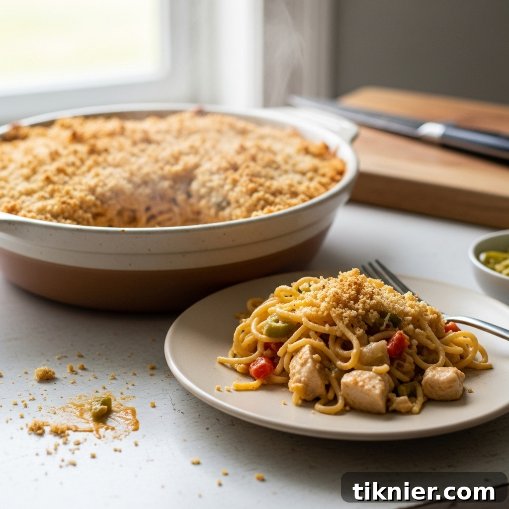 A close-up shot of a cheesy, bubbly Chicken Spaghetti casserole in a baking dish, topped with golden breadcrumbs.