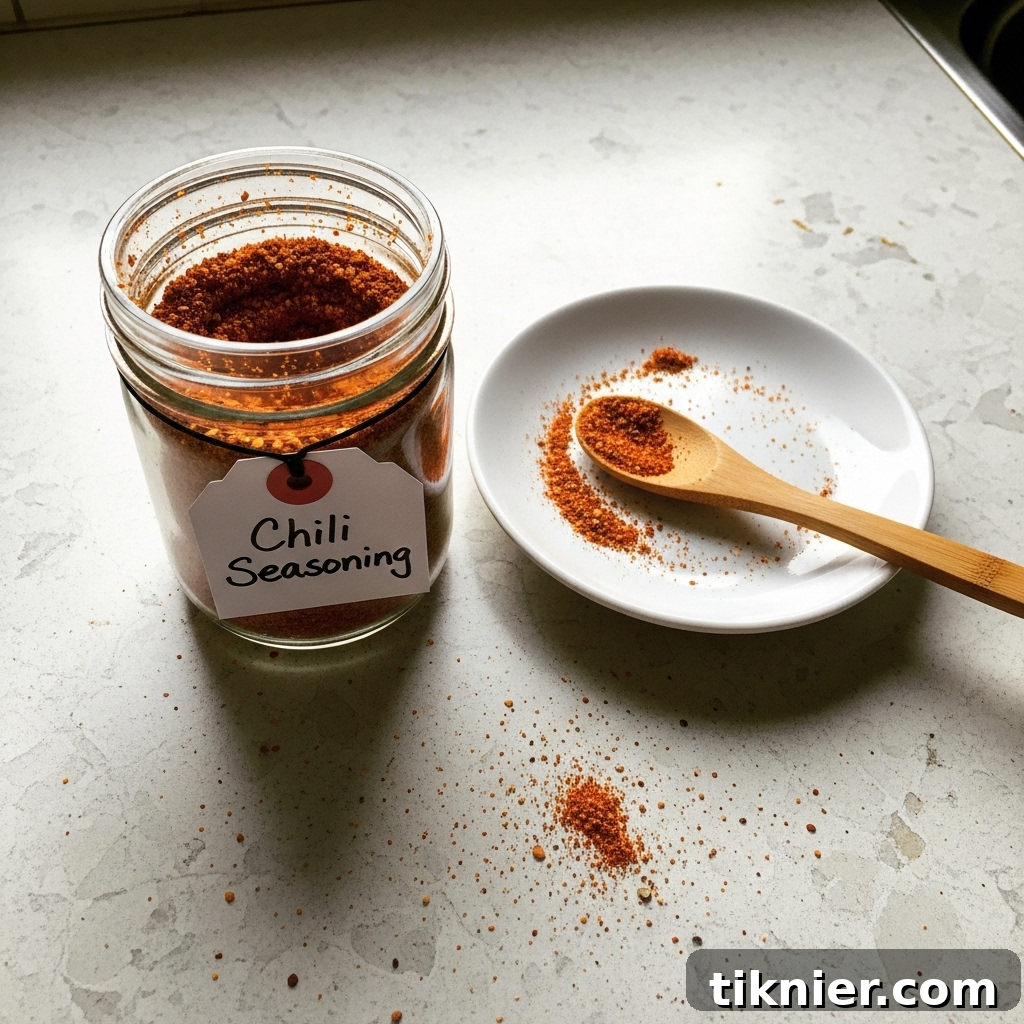 Homemade chili seasoning blend in a clear glass jar with a small spoon