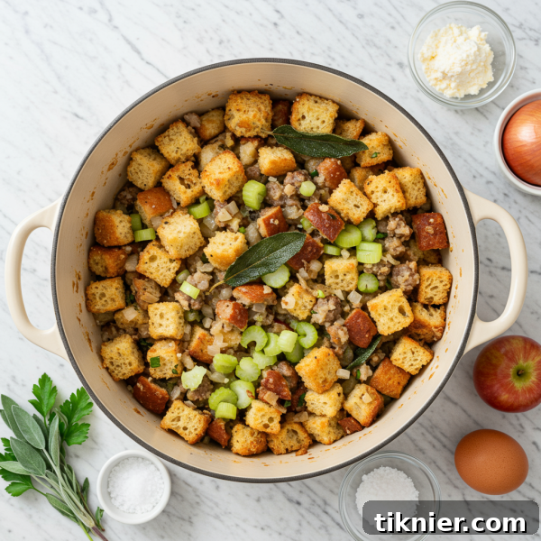 A pan of classic Thanksgiving bread stuffing, filled with celery, onion, and aromatic herbs.