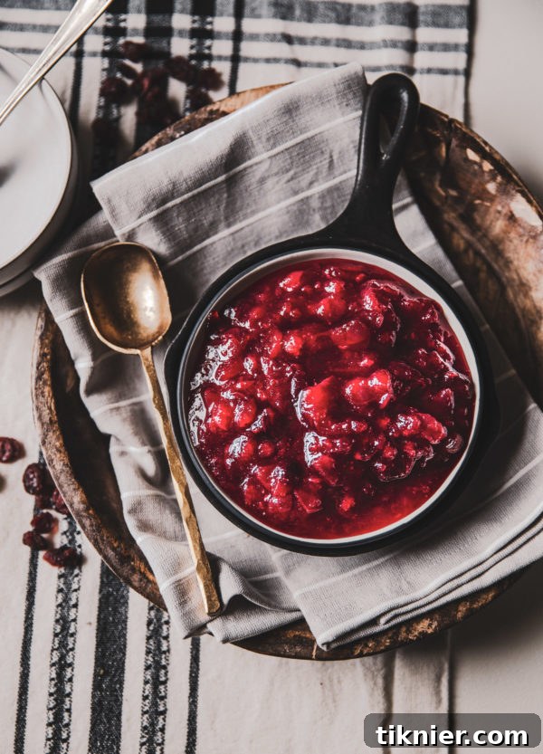 Homemade Apple Cider Cranberry Sauce in a serving bowl, showcasing its vibrant color and fresh texture.