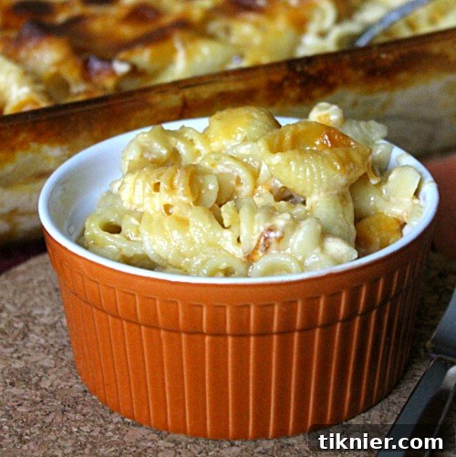 A close-up of a rich, homemade baked macaroni and cheese casserole, golden and bubbly.