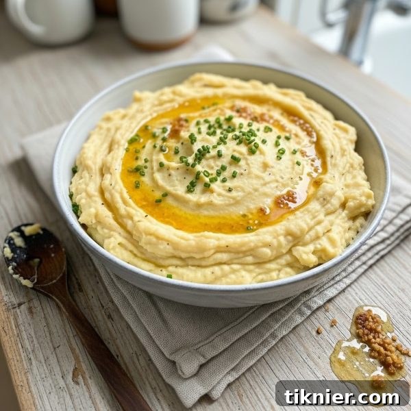 Rich, creamy brown butter sage garlic mashed potatoes in a festive serving bowl, garnished with fresh sage and chives.