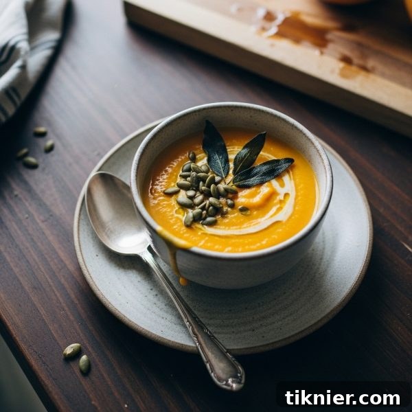 Velvety smooth Vegan Roasted Butternut Squash Soup in a bowl, garnished with pepitas and sage
