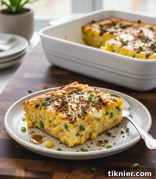 Delicious Brown Butter Sage Corn Casserole ready to be served