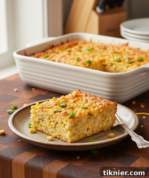 Close-up of Jiffy Corn Casserole with melted cheese and fresh green onions