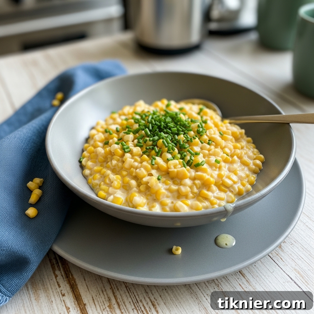 A white bowl filled with creamy, golden brown butter creamed corn, garnished with fresh chives, ready to be served.