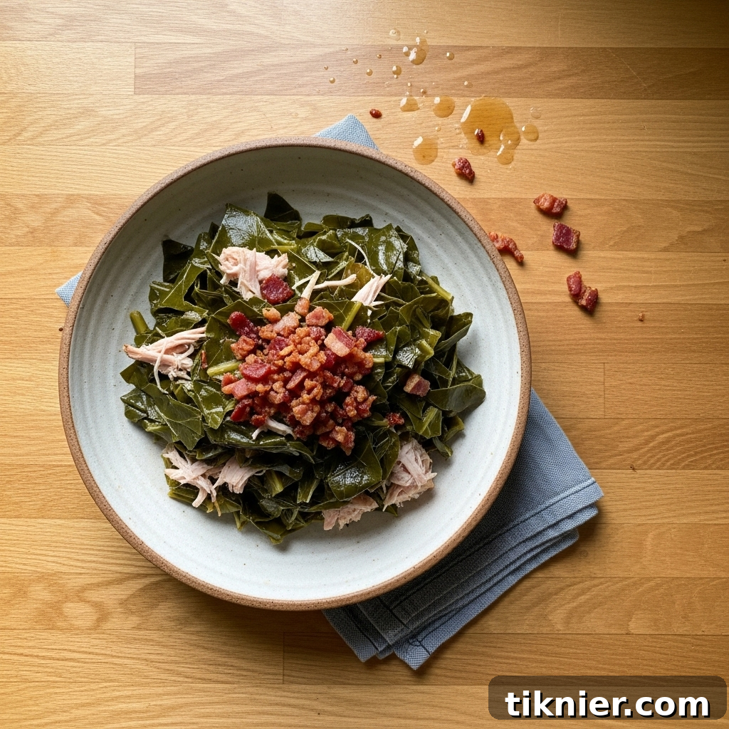 The Hidden Gem That Transforms Southern Collard Greens 3 A close-up shot of tender collard greens in a bowl, garnished with crispy bacon, showcasing the rich potlikker and savory flavors.