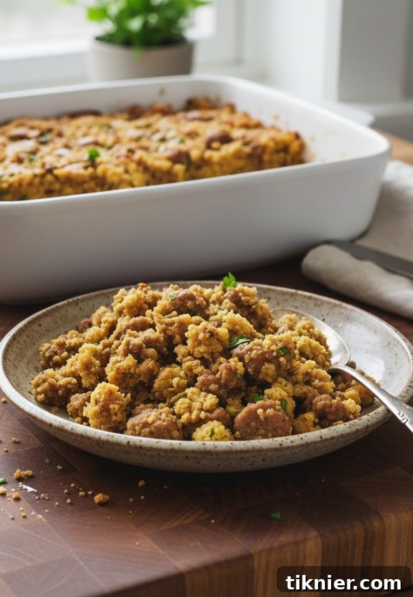 A beautifully baked cornbread sausage stuffing with a golden-brown crispy top, ready to be served from a white baking dish.