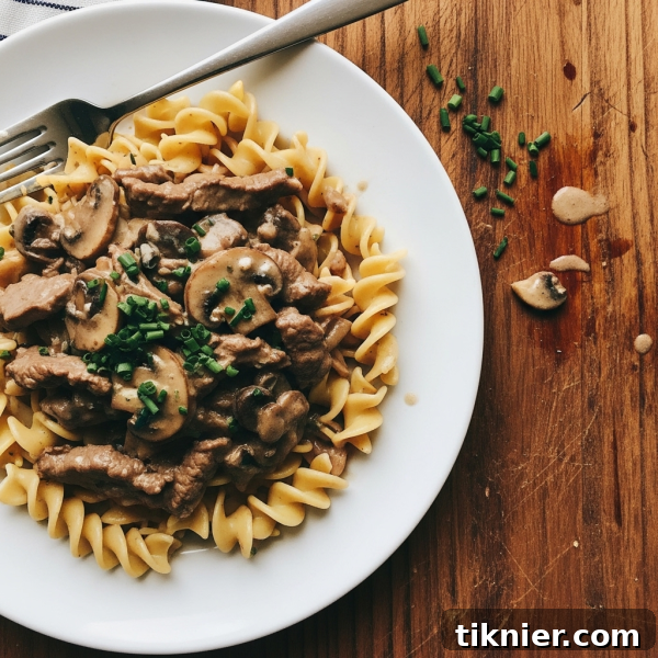 Classic beef stroganoff recipe made simple in one pot with tender beef and creamy mushroom sauce.