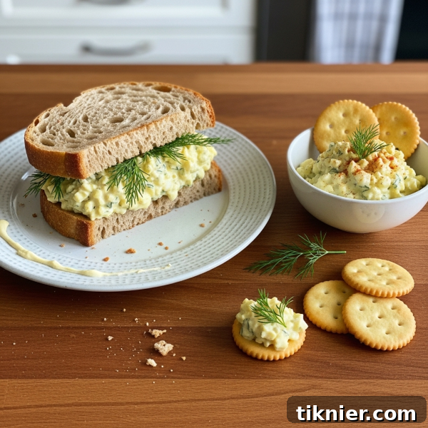A close-up shot of a classic egg salad sandwich with a fresh garnish, highlighting a simple yet satisfying lunch option.