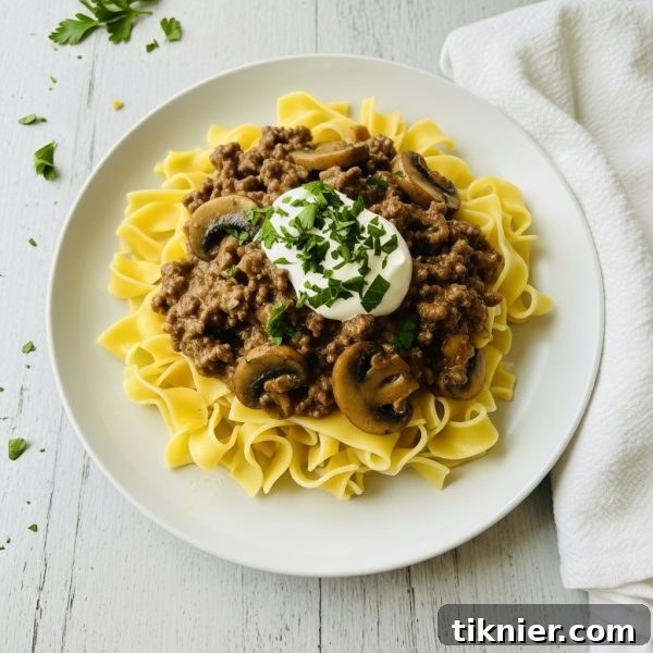 The New Classic Creamy Ground Beef Stroganoff 2 Rich and creamy Ground Beef Stroganoff served over egg noodles