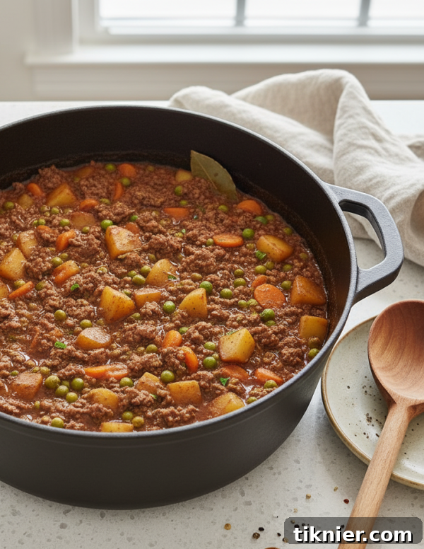 Cozy Ground Beef Stew Easy and Affordable Comfort 3 A bowl of rich ground beef stew with visible chunks of beef, potatoes, and carrots, garnished with fresh herbs.