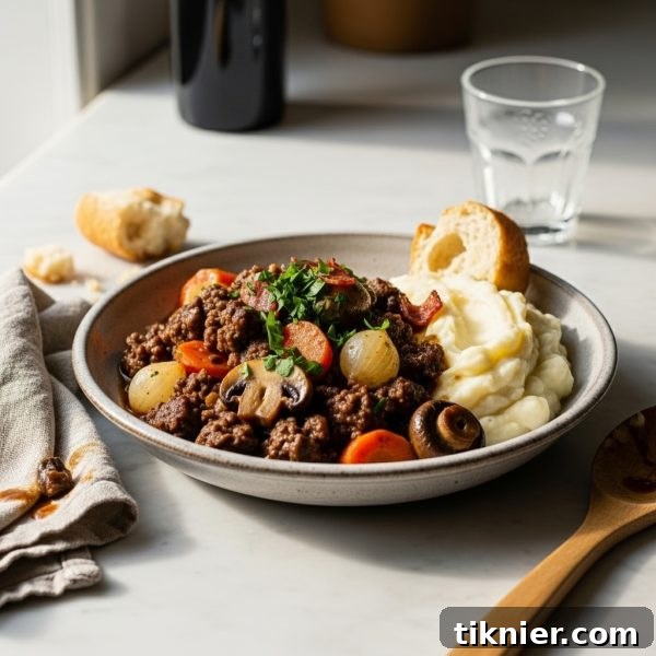 Rich Ground Beef Bourguignon served over creamy mashed potatoes, garnished with fresh parsley.