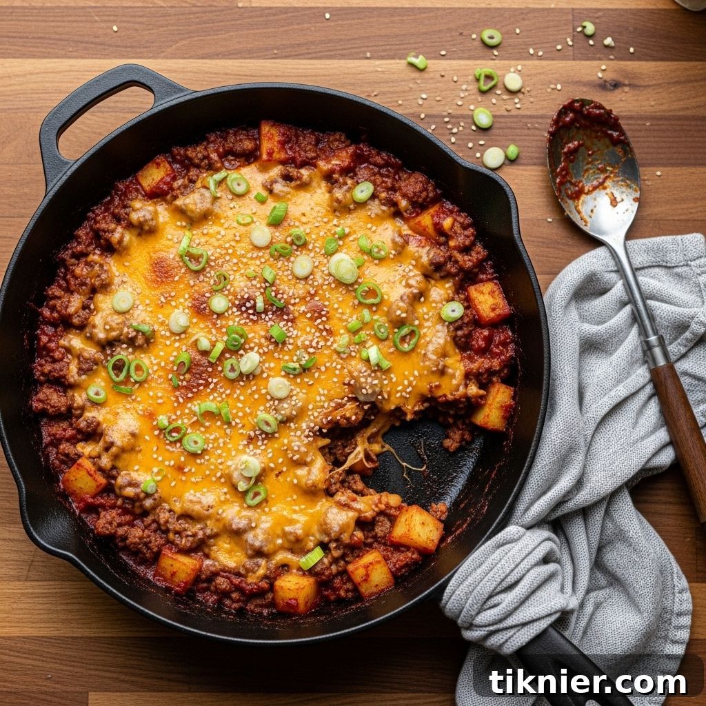 Close-up of the finished Spicy Gochujang Ground Beef and Potatoes Skillet with melted cheddar, green onions, and sesame seeds