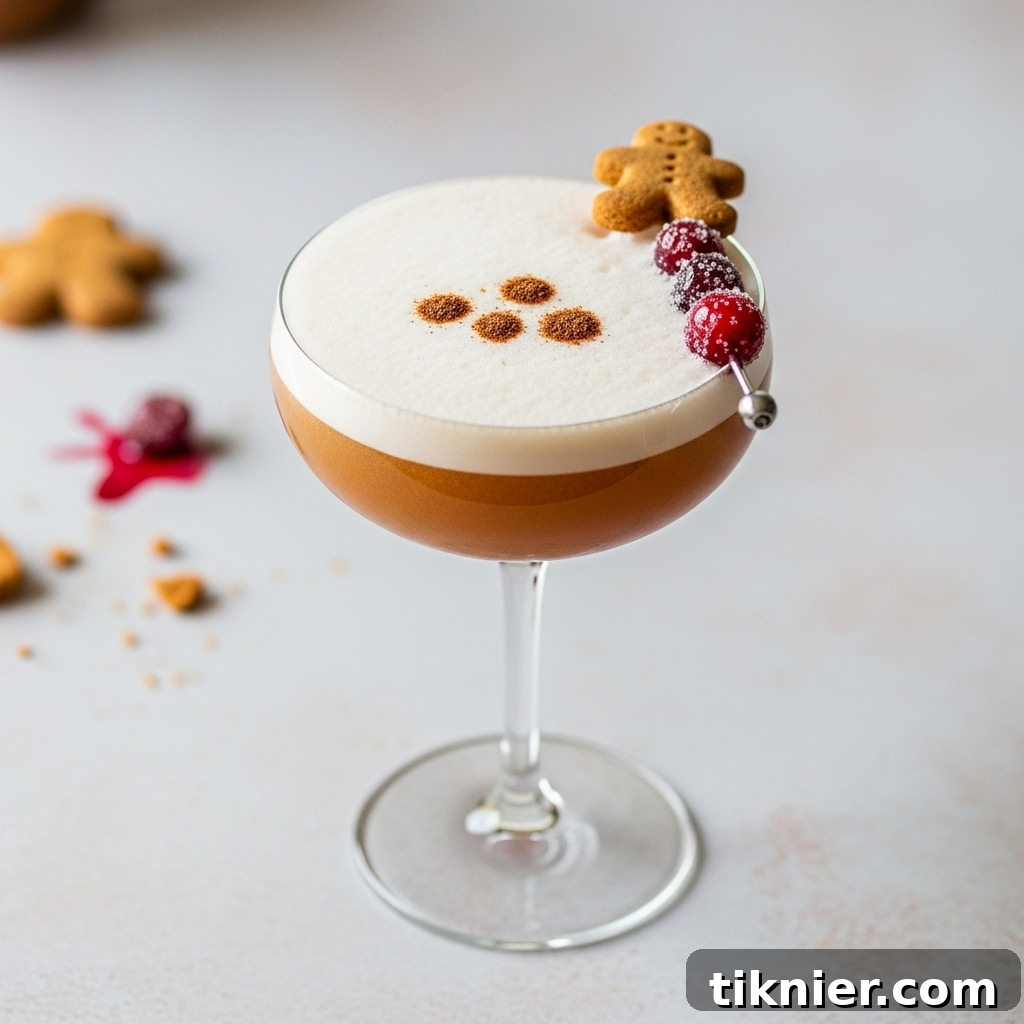 A close-up of a Rum Rum Rudolph cocktail with a thick foam and bitters art
