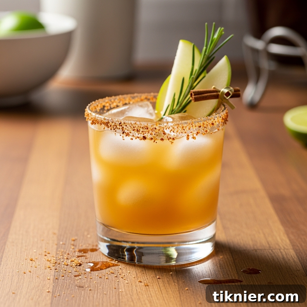Smoky Apple Cider Margarita with a smoked paprika rim and rosemary garnish