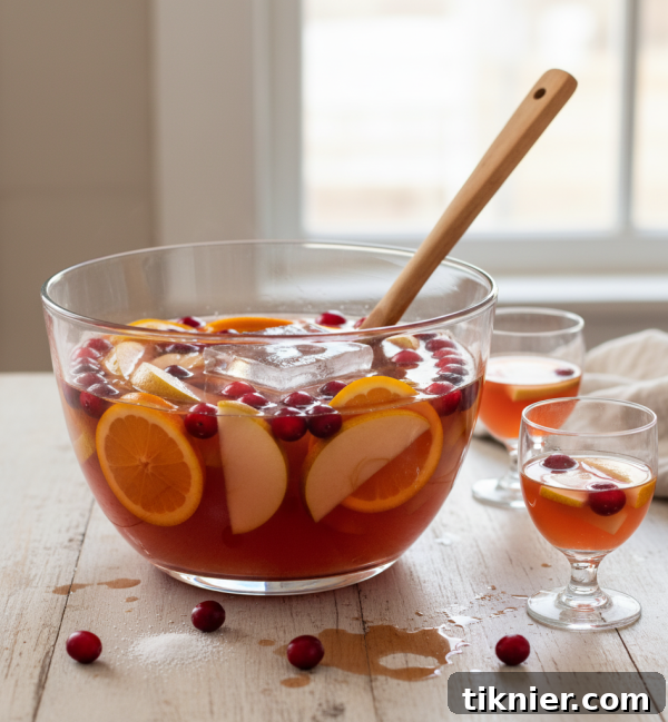 Crimson Spiced Pear Cranberry Glow 3 A close-up of a glass of Spiced Pear and Cranberry Christmas Punch, garnished with cranberries and an orange slice.