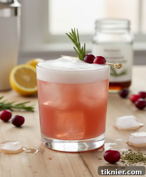Rosemary Cranberry Whiskey Sour in a rocks glass with garnishes