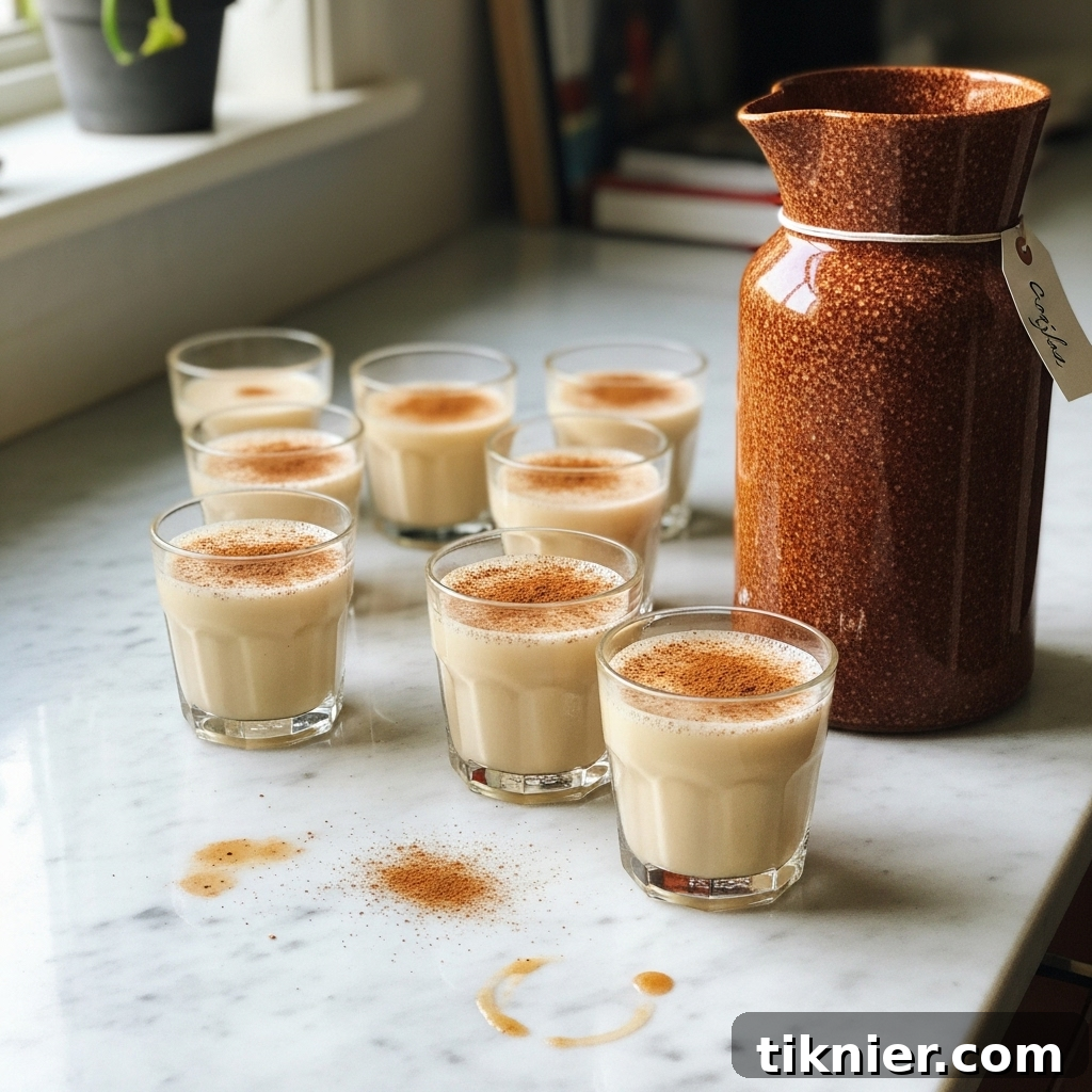 A close-up shot of a glass bottle filled with homemade Brown Butter Coquito, ready for chilling, alongside fresh cinnamon sticks.