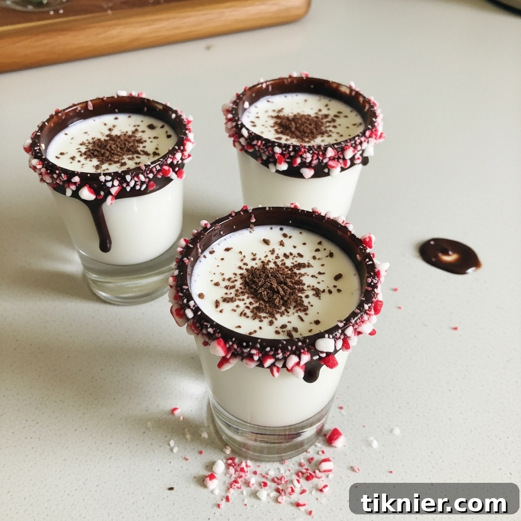 Festive Peppermint Bark Shots with a unique spicy kick, perfect for holiday gatherings