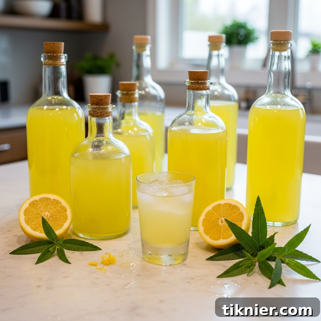 Homemade Limoncello with fresh lemons and lemon verbena, ready for infusion