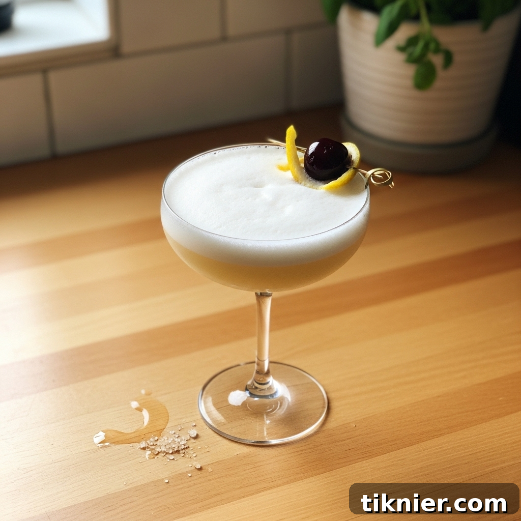 A close-up of a perfectly foamed Amaretto Sour in a coupe glass with a cherry and lemon twist garnish.