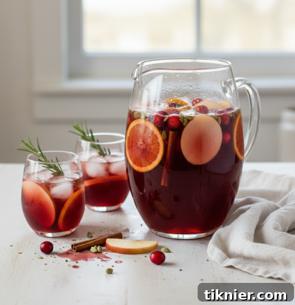 Sparkling Cranberry Apple Sangria in a pitcher with glasses