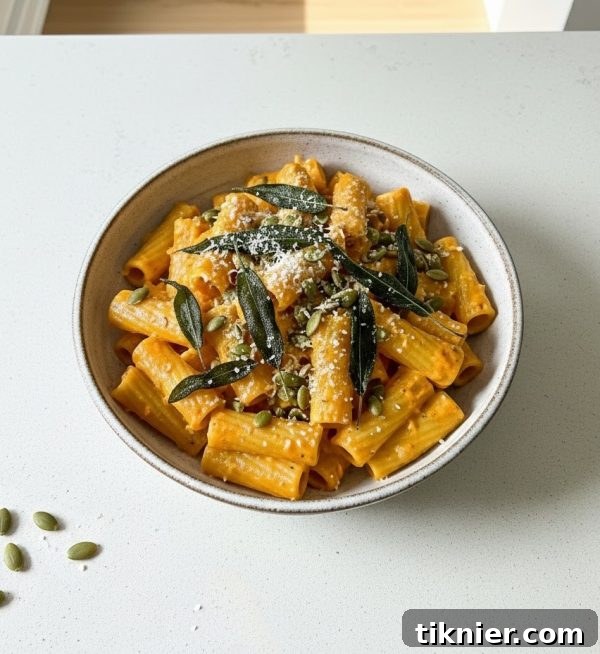 A close-up of a bowl of creamy Miso Pumpkin Pasta garnished with crispy sage and pumpkin seeds.