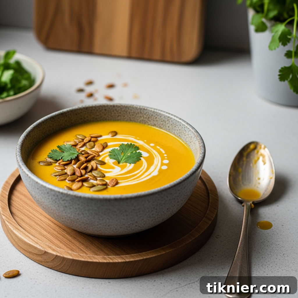 A close-up shot of the finished pumpkin curry soup, ready to be served, showing its creamy texture.
