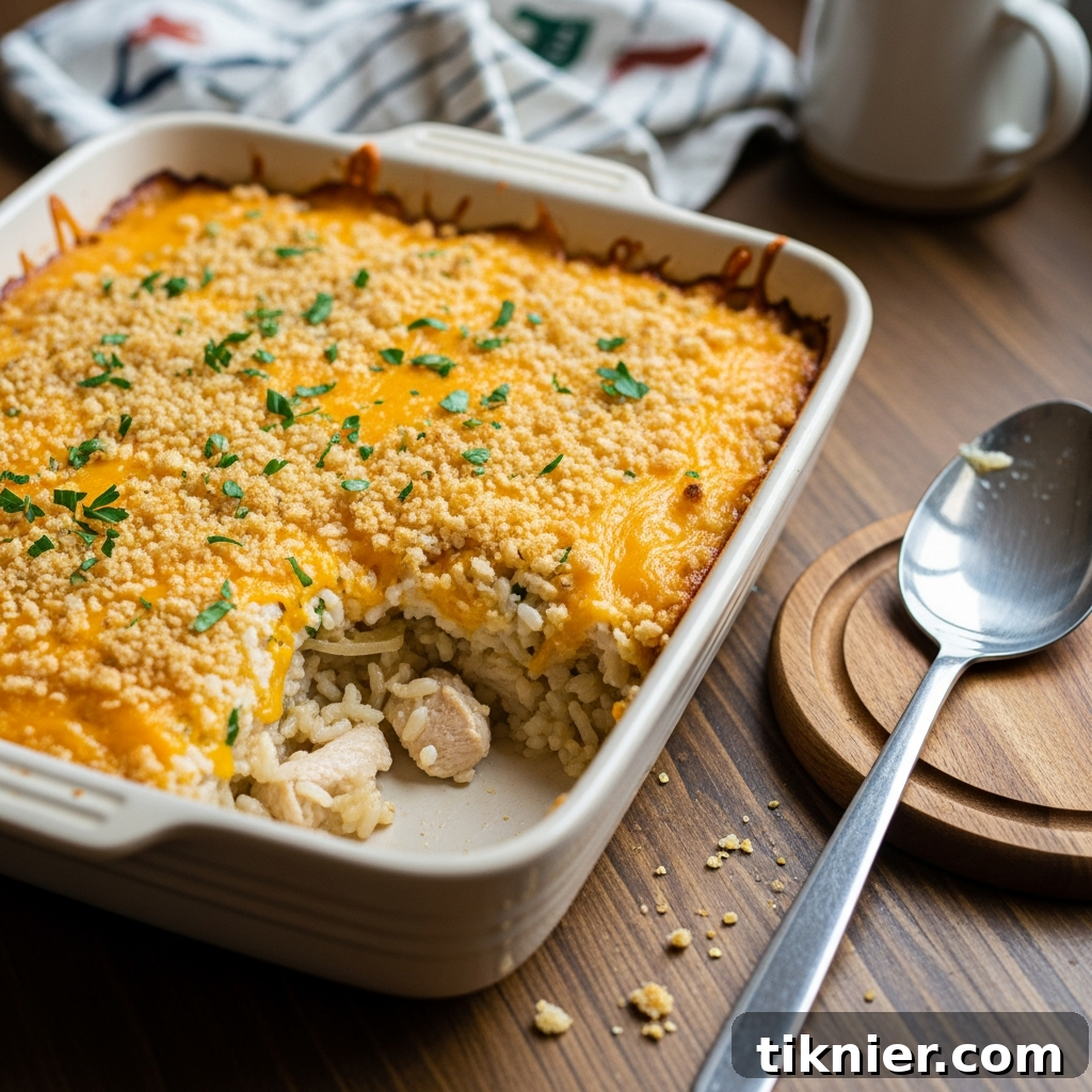 A comforting, golden-brown chicken and rice casserole with a crispy topping, garnished with fresh parsley, in a 9x13 inch baking dish.