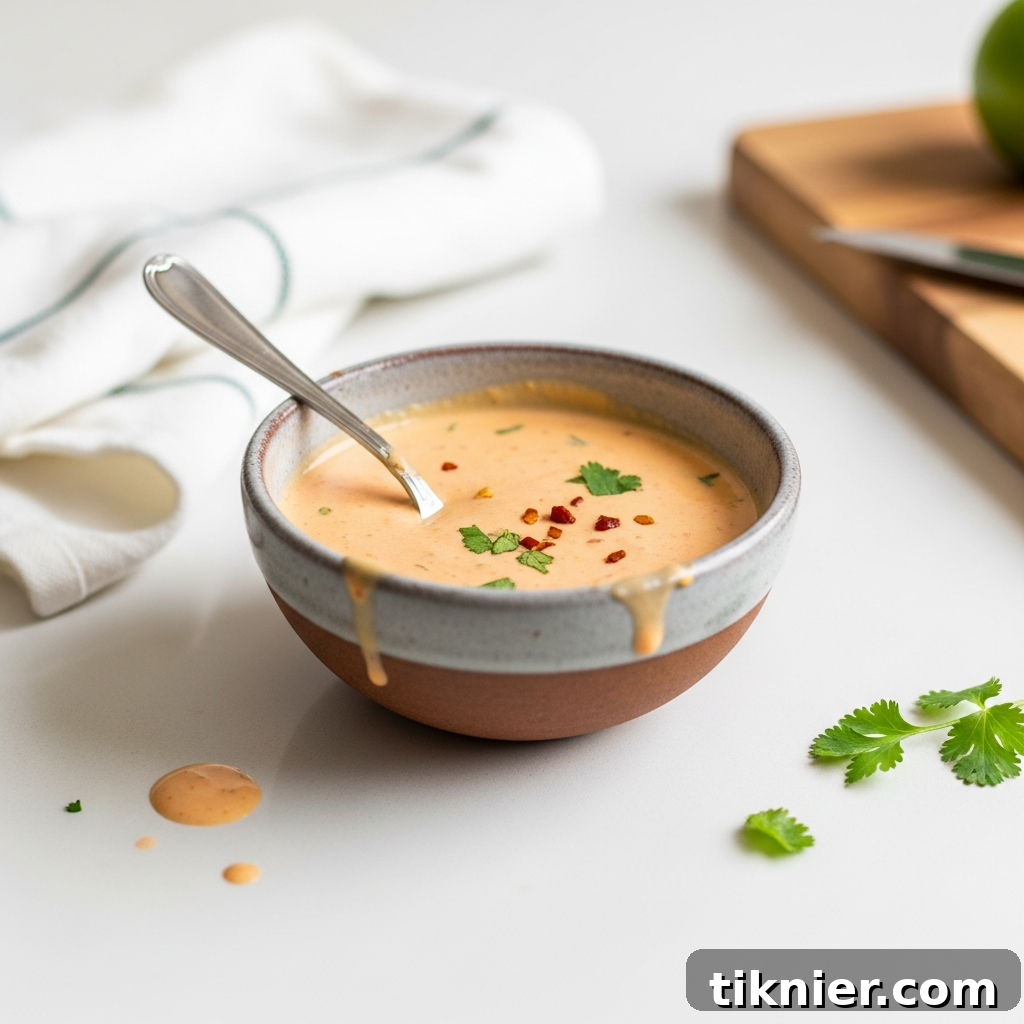Freshly made Smoky Chipotle Cream Sauce in a white bowl, with lime and cilantro