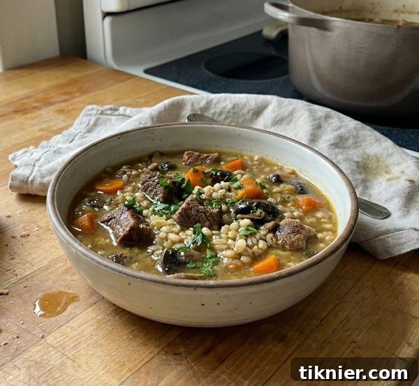 A close-up of hearty beef and barley soup with porcini mushrooms in a white bowl, garnished with fresh parsley.