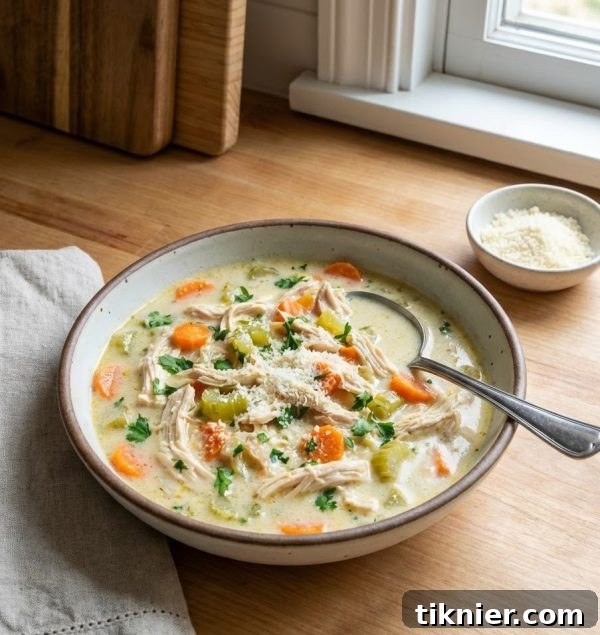 A steaming bowl of homemade creamy chicken soup with a sprinkle of fresh parsley on top, garnished with a side of crusty bread.