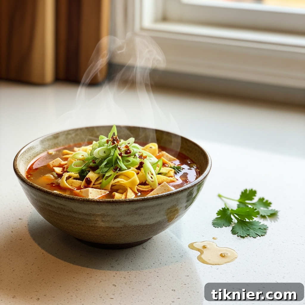 Close-up of a vibrant hot and sour soup with distinct egg ribbons, tofu cubes, and mushrooms.