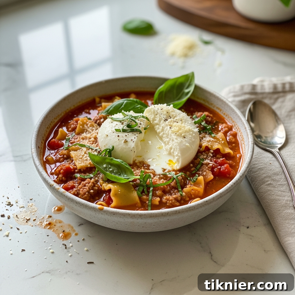 A bowl of rich crockpot lasagna soup with a dollop of ricotta and fresh basil.