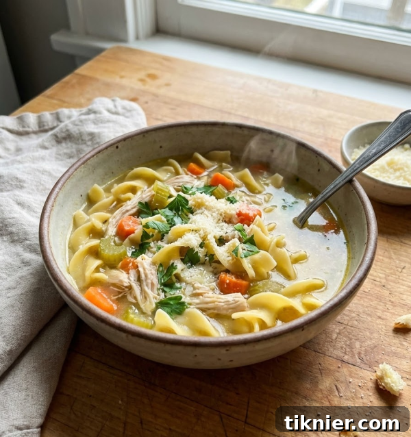 A close-up shot of a bowl of Julie's Signature Rotisserie Chicken Soup, garnished with fresh parsley and Parmesan.