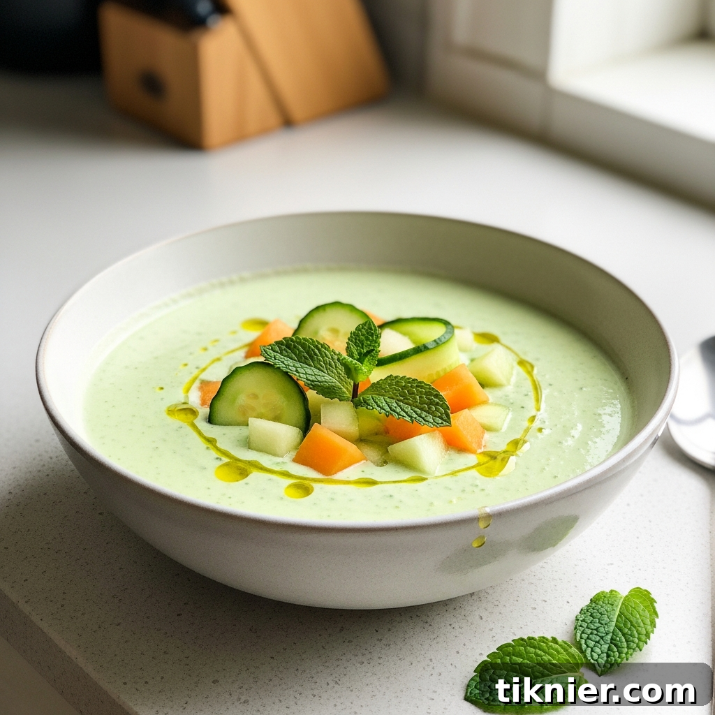 Recipe card image of Chilled Cucumber and Honeydew Soup in an elegant bowl with garnishes of mint and diced fruit.