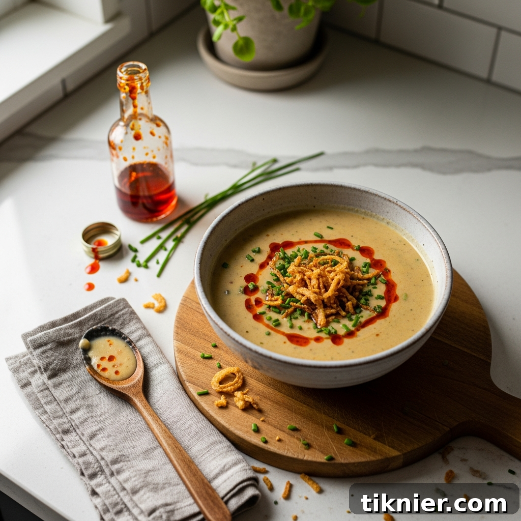 A close-up of the finished creamy vegan potato soup in a bowl, showing a swirl of cashew cream and fresh chives.